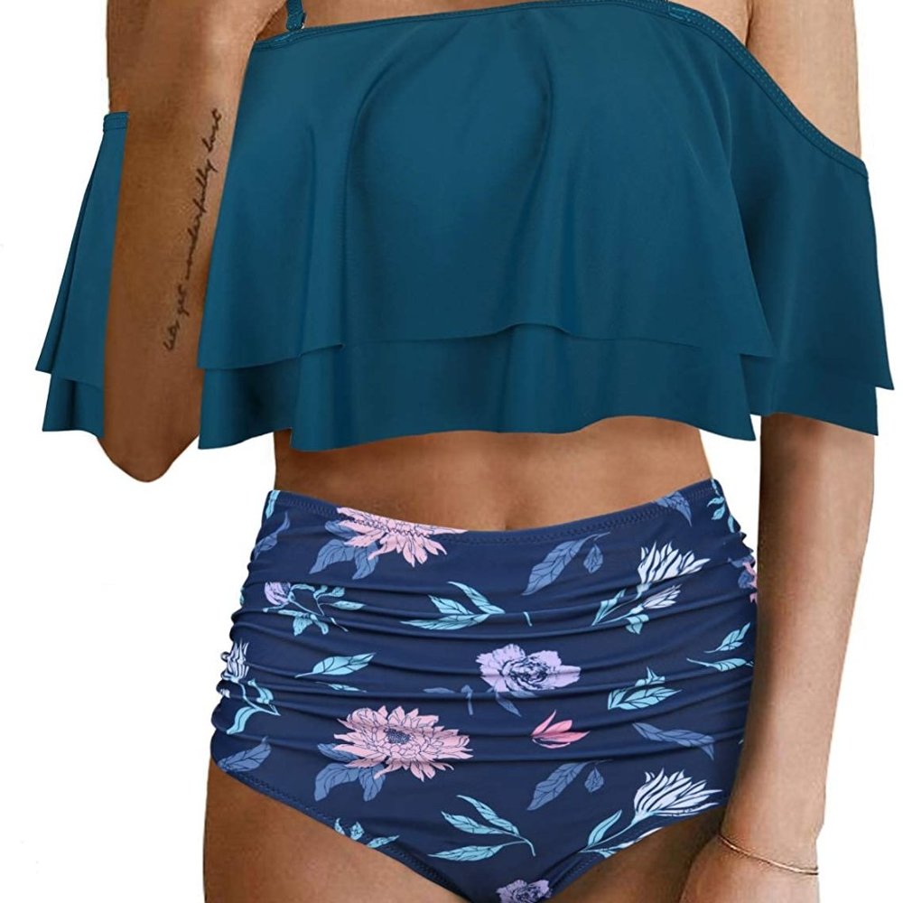 Two Piece High Waisted Off Shoulder Ruffled Bikini
